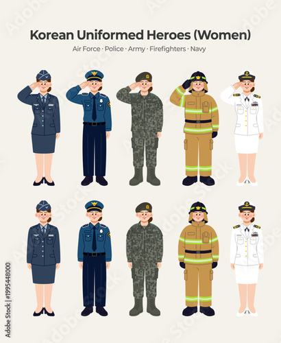 South Korea Uniformed Hero Female Character Set Soldiers Army Navy Air Force Police Firefighters