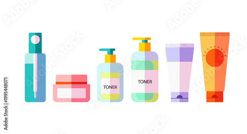 Flat Design Skincare Products Collection: Toner, Cream, Lotion, Sunscreen