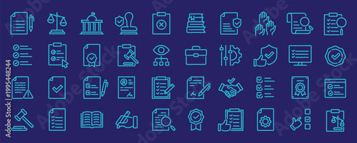Compliance web icons in line style. Regulations, policy, legal document, quality control, responsibility, law. Editable stroke. Vector illustration.