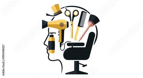 Hair Salon Concept: Styling Tools Inside Head Silhouette - Beauty Business Idea