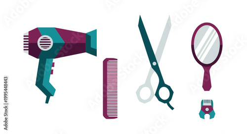 Hair Salon Tools - Hairdryer, Comb, Scissors, Mirror, Clippers Flat Design