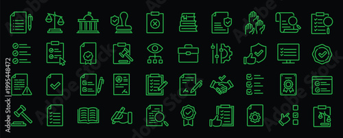 Compliance web icons in line style. Regulations, policy, legal document, quality control, responsibility, law. Editable stroke. Vector illustration.