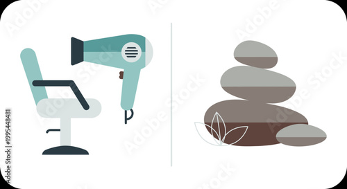 Hairdresser Chair, Hair Dryer, and Stacked Spa Stones with Lotus