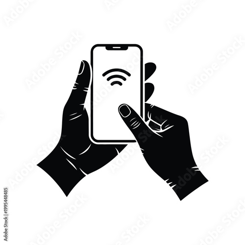 Hand holding smartphone wifi signal contactless payment silhouette vector. Perfect for fintech and mobile technology design.