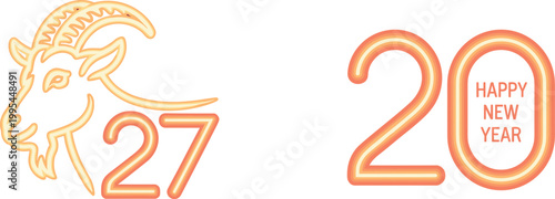 Happy Chinese New Year 2027 vector design with goat head symbol and neon style numbers for lunar zodiac celebration greeting cards and cultural posters.