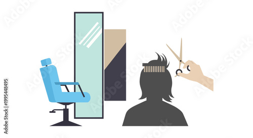 Hairdresser cutting hair in salon with chair and mirror