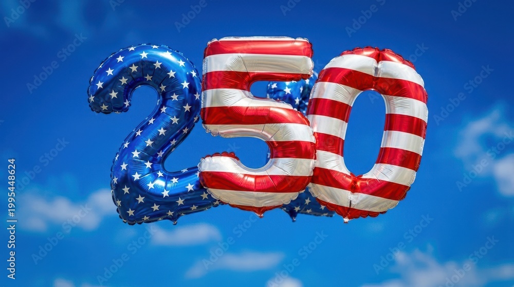 Obraz premium Patriotic number 250 balloons float against a bright blue sky with clouds
