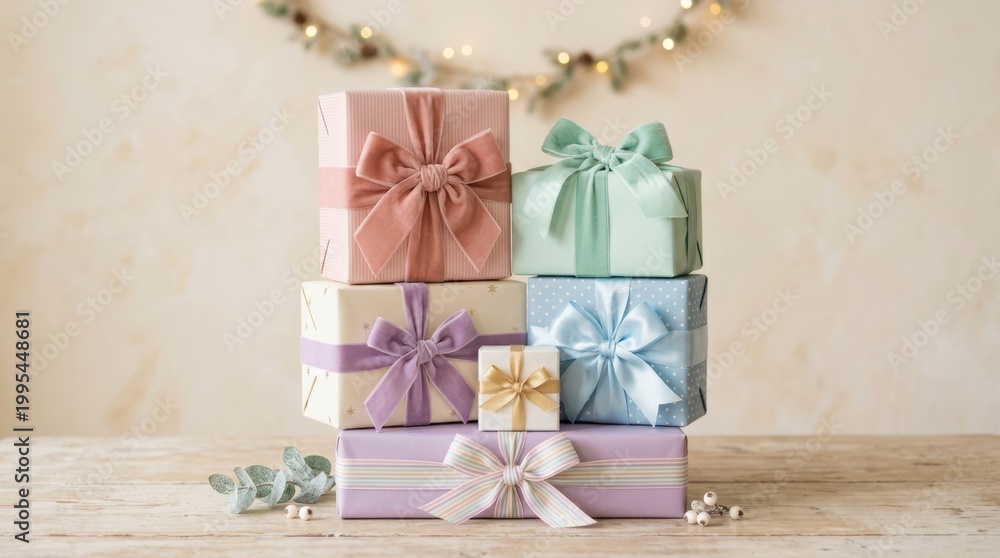 Fototapeta premium Beautifully Wrapped Gifts Stacked High with Festive Lights in Background