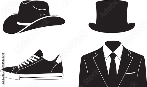 Silhouette man wearing top hat and suit with cowboy hat and sneaker isolated on transparent background, Vector
