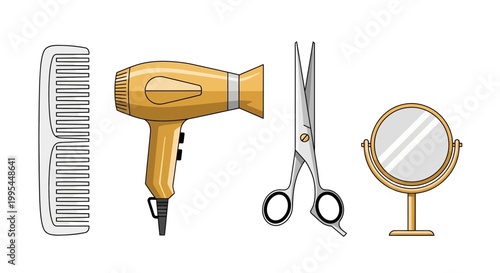 Hairdressing Tools: Comb, Dryer, Scissors, Mirror - Isolated on White Background