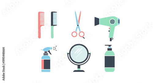 Hairdressing Tools Flat Icons Set: Scissors, Comb, Dryer, Mirror, Spray, Lotion