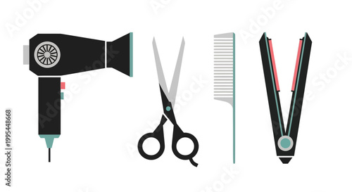 Hairdressing Tools: Dryer, Scissors, Comb, and Straightener - Flat Design