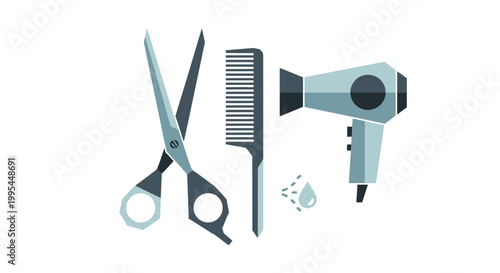 Hairdressing Tools: Scissors, Comb, and Hair Dryer Icon Set