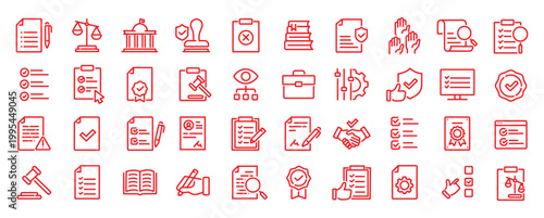 Compliance web icons in line style. Regulations, policy, legal document, quality control, responsibility, law. Editable stroke. Vector illustration.
