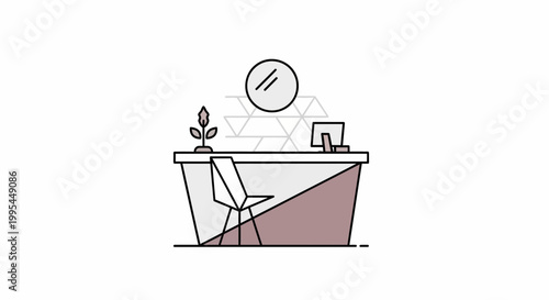 Modern reception desk with computer and chair, minimalist office interior design
