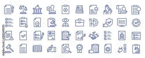Compliance web icons in line style. Regulations, policy, legal document, quality control, responsibility, law. Editable stroke. Vector illustration.