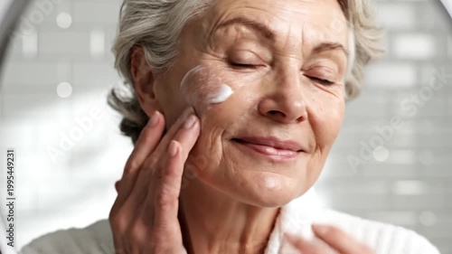 Elderly woman applying skincare in bright modern bathroom