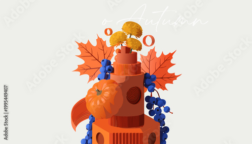 Modern Seasonal Greeting Template with Textured Pumpkin and Fall Foliage in Vibrant Orange Tones.eps