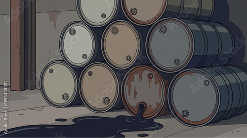 Vector illustration of leaking chemical barrels in a warehouse