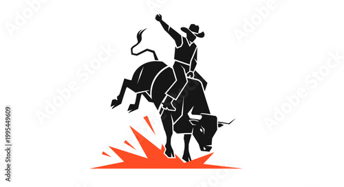 Silhouette of cowboy riding a bucking bull in a rodeo