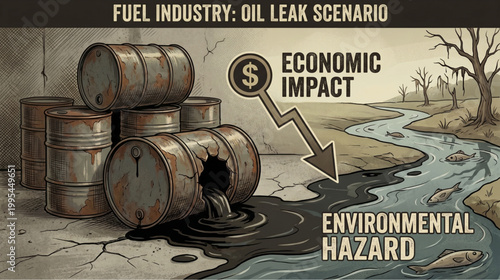 Oil Leak Scenario Showing Environmental Hazard and Economic Impact.