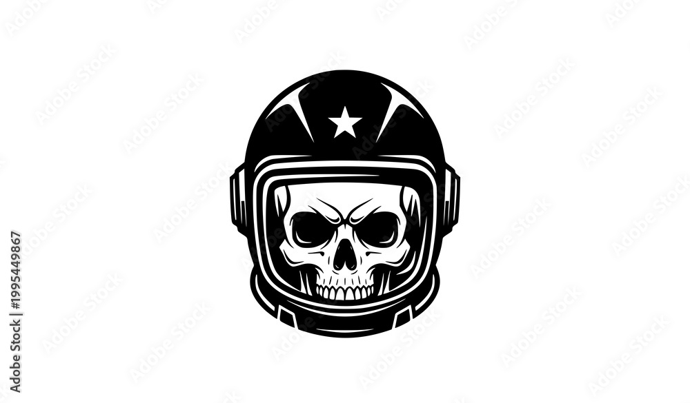 Fototapeta premium Skull astronaut emblem vector with space helmet and star poster design isolated on white background
