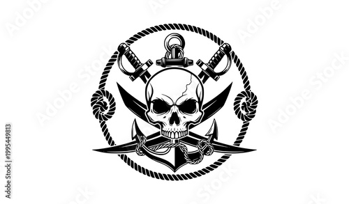 Pirate skull emblem vector with crossed swords anchor and rope badge isolated on white background