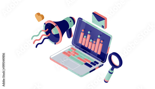 Modern Business Growth and Communication Illustration Featuring 3D Isometric Laptop, Megaphone, and Financial Data Bar Graphs.eps
