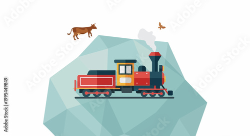 Vintage Steam Train on Iceberg with Cow and Bird Illustration