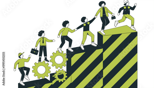 Abstract Corporate Growth Illustration of a Diverse Team Ascending a Green Geometric Peak with Gears and Collaboration.eps