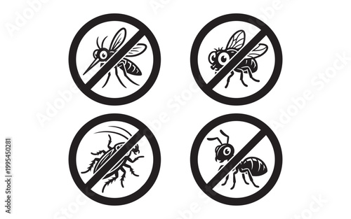 Set of Warning Signs for Pest Control Including Mosquito Fly Cockroach and Ant