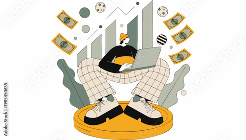 Freelance Entrepreneur Working on Laptop Surrounding by Floating Money and Growth Charts.eps