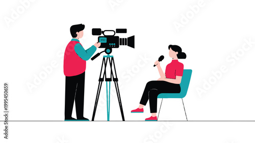 A woman is interviewed by a cameraman in a studio setting with modern equipment.