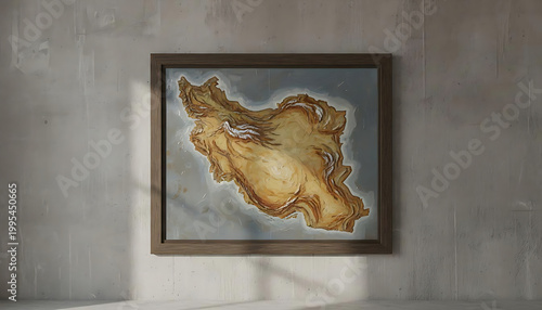 Oil painting of Iran map on a concrete wall in a modern minimalist interior