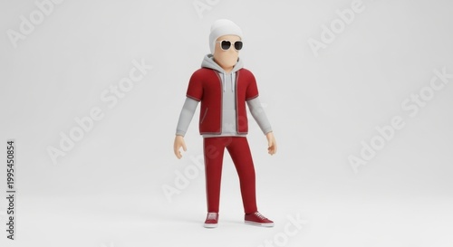 Funny 3D cartoon illustration of a hero business woman in a red suit and coat standing near a black monster vector art person