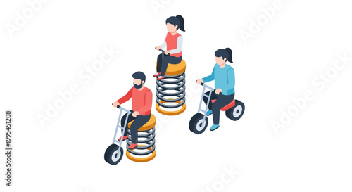 Isometric Illustration of People Riding Spring-Based Scooters on White Background.