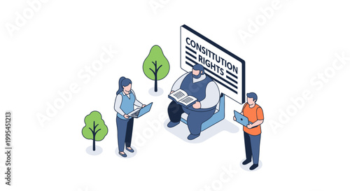 Isometric Illustration of People Studying Constitutional Rights and Laws.