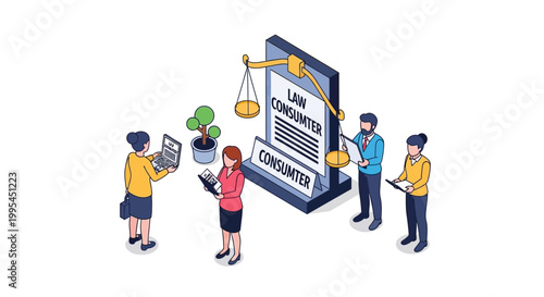 Isometric Illustration of Law and Consumer Protection Concept.