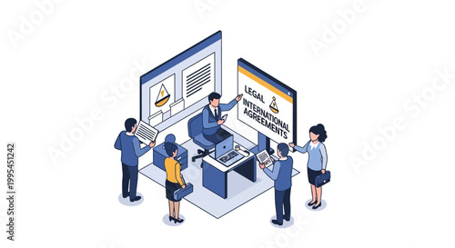 Isometric Illustration of Legal Team Discussing International Agreements.