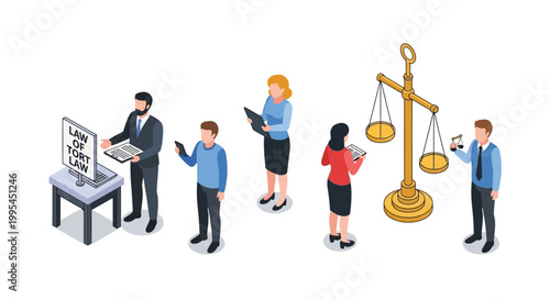 Isometric illustration of legal professionals and the scales of justice.