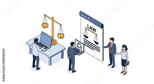 Isometric illustration of legal professionals working with law concepts.