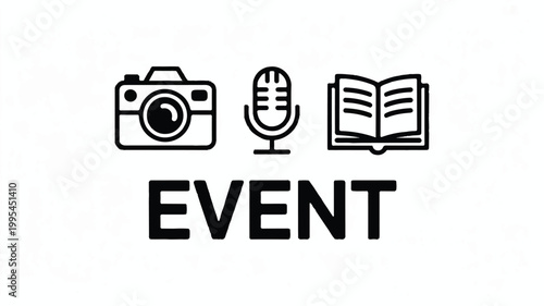 A minimalist black and white logo design features a camera, microphone, and open book in an event setting