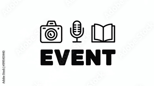 A minimalist black and white logo design featuring a camera, microphone, and book, symbolizing an event.