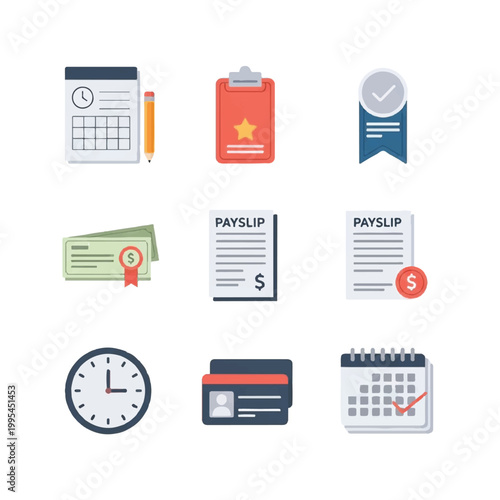 Financial and Business Icons Representing Payroll and Time Management.