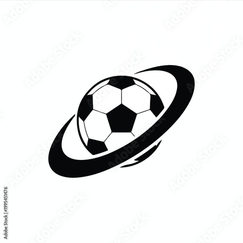 A minimalist black and white logo design of a soccer ball orbiting