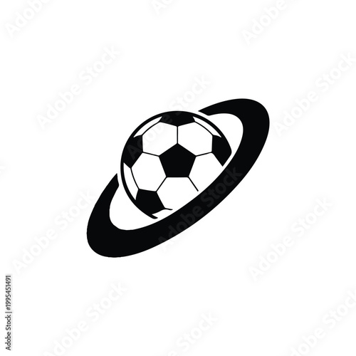 A minimalist corporate logo design features a soccer ball surrounded by a swoosh.