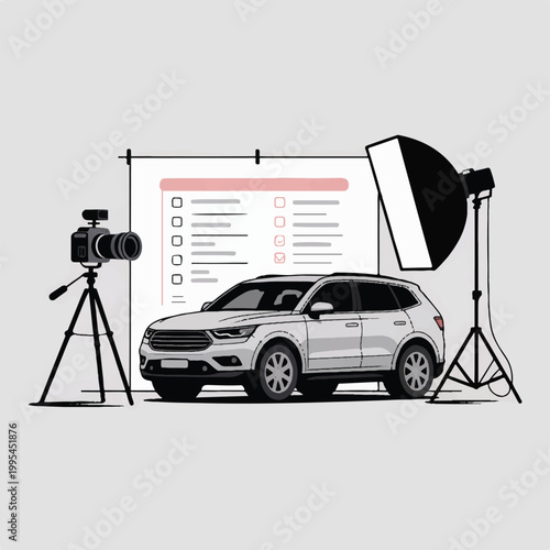 A minimalist line art illustration of a car is photographed in a studio