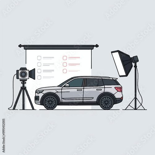 A minimalist line art illustration of a car with photography equipment