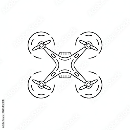 A minimalist line art illustration depicts a drone in flight.