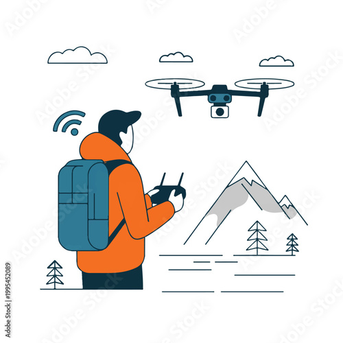 A man operates a drone controller outdoors in a mountainous landscape.